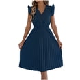 thumbnail image 3 of BRGZLK Midi Dresses for Women Casual Fashion Solid Color Spring Summer Novel Lace V-Neck Peter Pan Collar Waist-Cinching Pleated Sleeveless Midi Dress Wedding Guest Elegant Dress Navy XL, 3 of 6