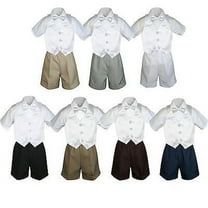 4pc Set Boy Toddler Formal White Vest and Bow tie White Khaki Shorts S-4T