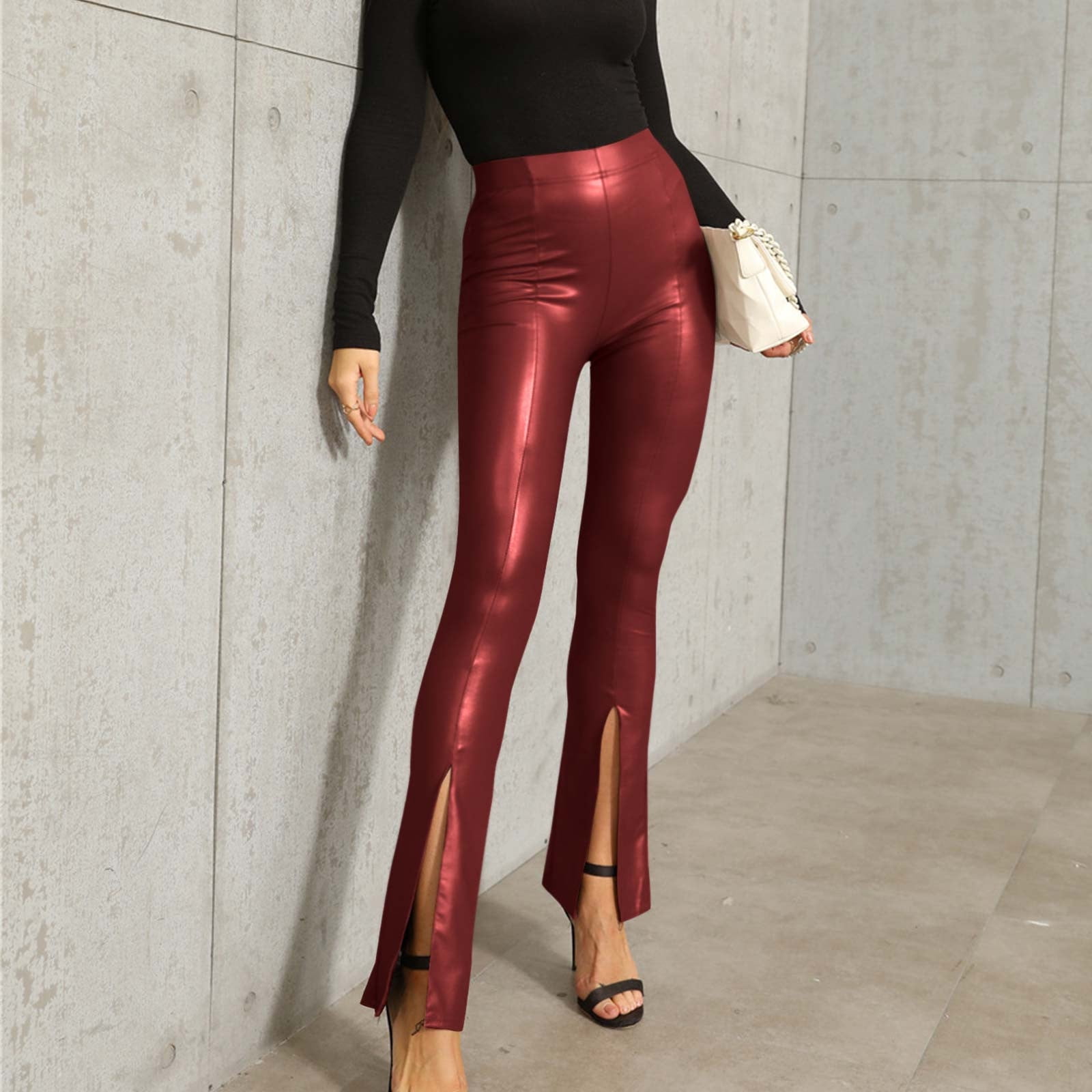 qolati Womens Slim Fitted Faux Leather Legging Stretchy High Waist Slit Hem Pencil Pants Casual Skinny Business Work Office Tights