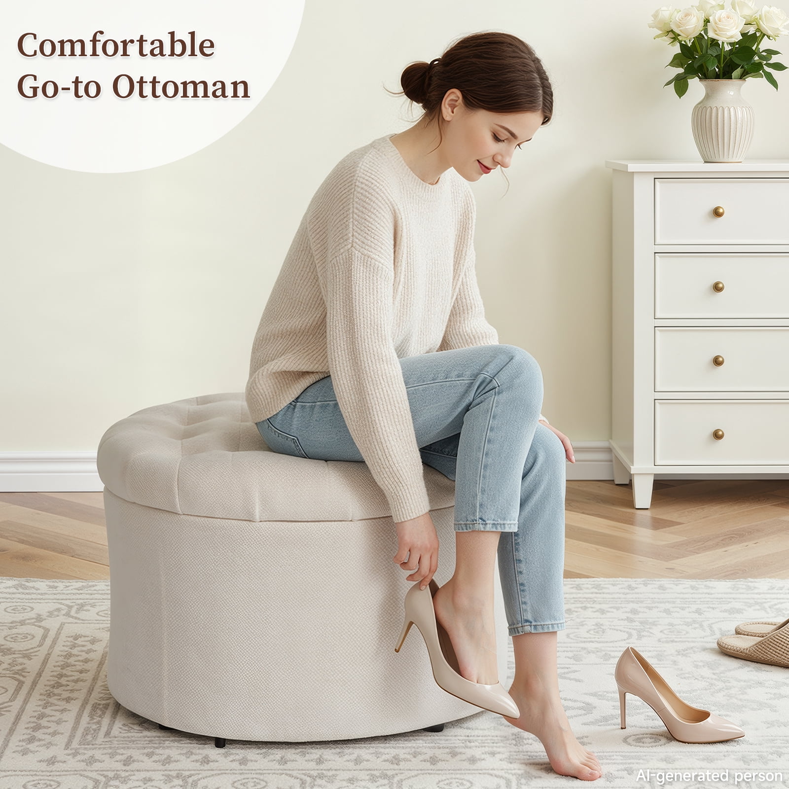 Dovov 25" Tufted Round Ottoman with Storage, Large Storage Ottoman Footrest Flip Top Foot Stool, 220lbs Capacity, Beige