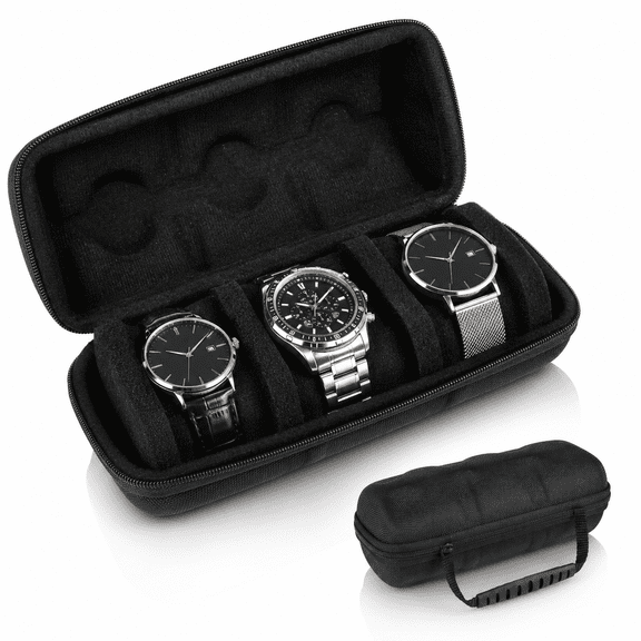 Watch Travel Case 3 Slot Fashion Watch Box Organizer with Watch Pillows,Portable Watch Holder with Zipper Black Watch Storage and Display Case for Men Gift 22x9x8.5cm
