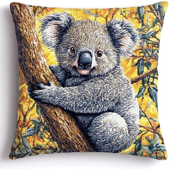 Latch Hook Kits DIY Crochet Pillow Kit Pre-Printed Pillowcase Needlework Cushion Cover 17x17inch - Animal Koala