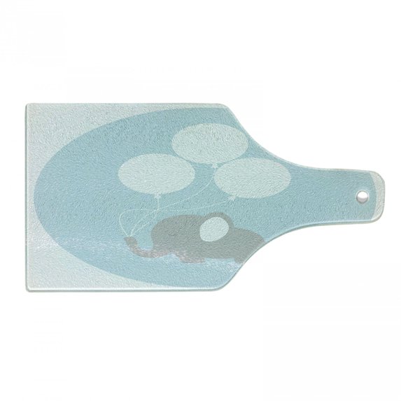 Animal Cartoon Cutting Board, Little with Big Balloons Happiness Funny, Decorative Tempered Glass Cutting and Serving Board, Wine Bottle Shape, Pale Blue White Mauve, by Ambesonne