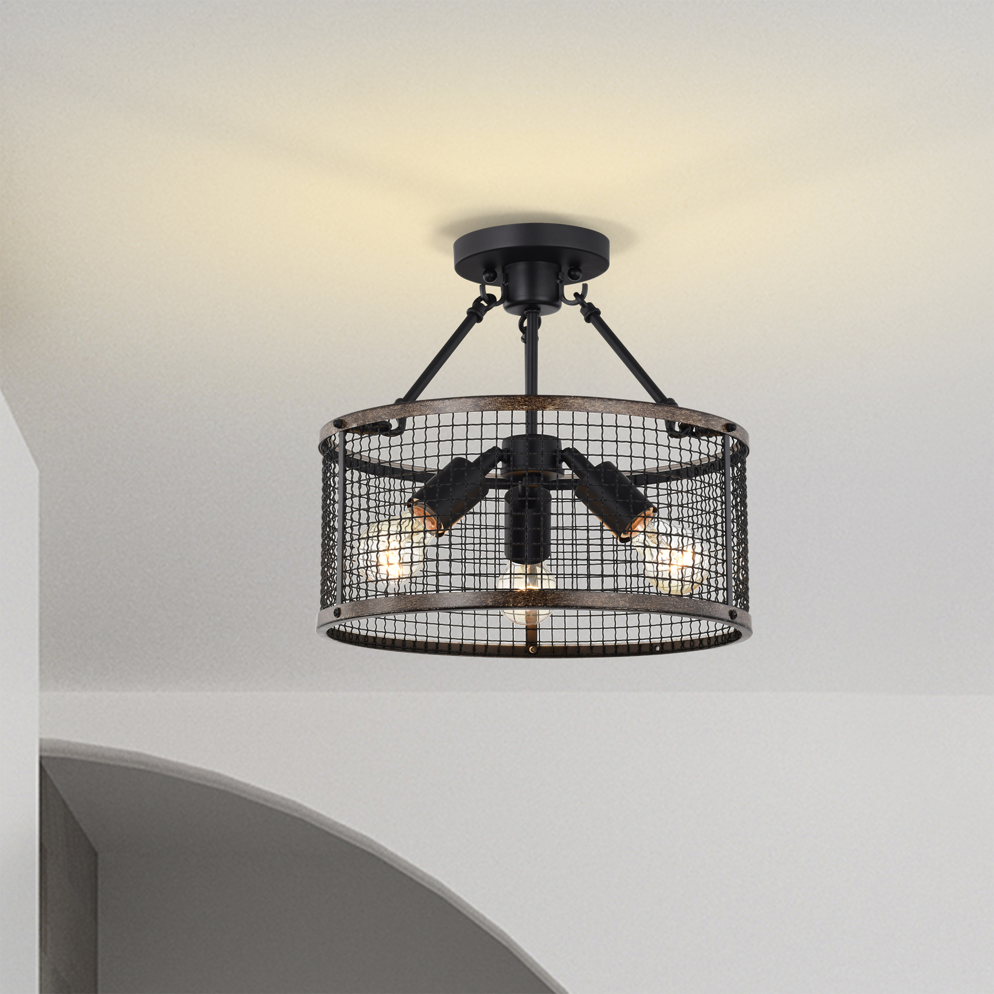 Warehouse of Tiffany Cerere Semi Flush Mount Ceiling Light Matte Black and Wood Grain Finish 3-Light