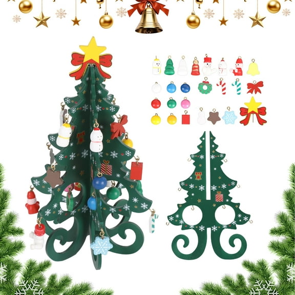 GOBWCOT Wooden Christmas Tree 3D Xmas Tree Table Decor Funny Desktop Christmas Decorations with Mini Ornaments for Xmas Holiday Decoration（Green）