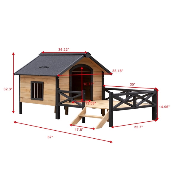Anykoon Outdoor Large Wooden Cabin House Style Wooden Dog Kennel with Porch, Habitat with  All-Around Metal Frame