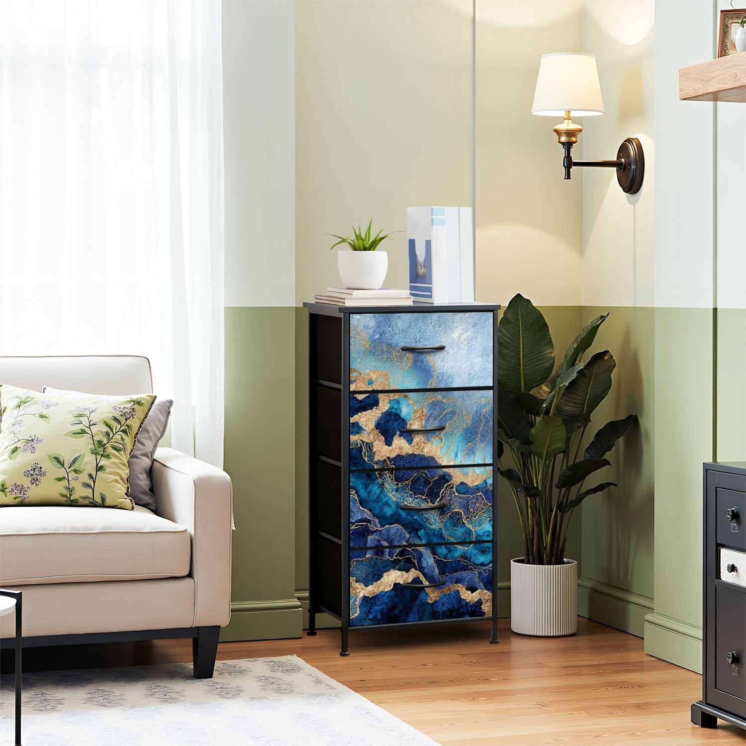 Boho Dresser for Bedroom with 4 Storage Drawers abstract blue marble fake stone texture liquid paint gold foil glitter Dressers Chest of Drawers Steel Framed Fabric Closet Organizers for Entryway