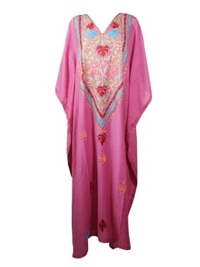 Mogul Women Pink Embellished Maxi Kaftan Long Summer Dress Floral Kimono Sleeves Resort Wear Lounger Cover Up Caftan One Size