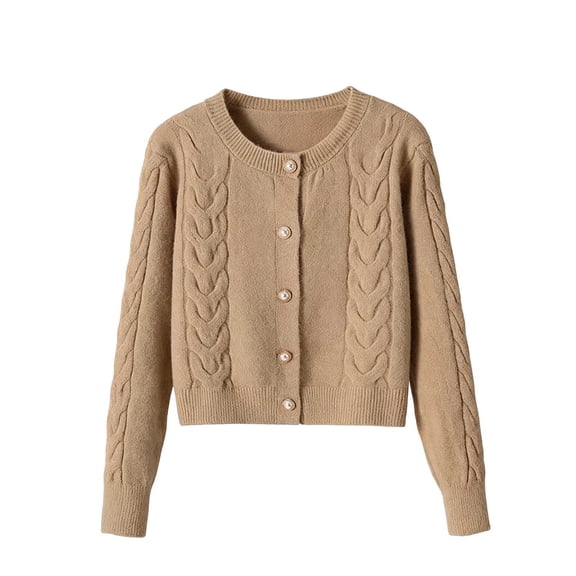 Vynhevius Women's Crew Neck Sweater Cable Knit Solid Pearl Button Down Cropped Fall Winter Casual Tops