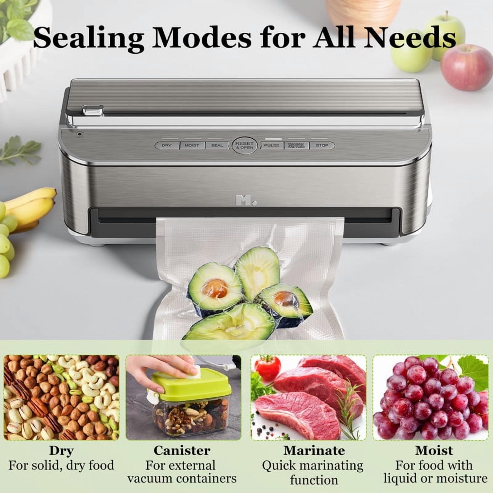 TINKLE WELL Automatic Vacuum Sealer Machine, 120W Powerful Sealing System, Built-in Cutter & Bag Storage, Includes 2 Rolls + 5 Pre-Cut Bags, Moist Mode & Air Suction Hose for Liquid Foods