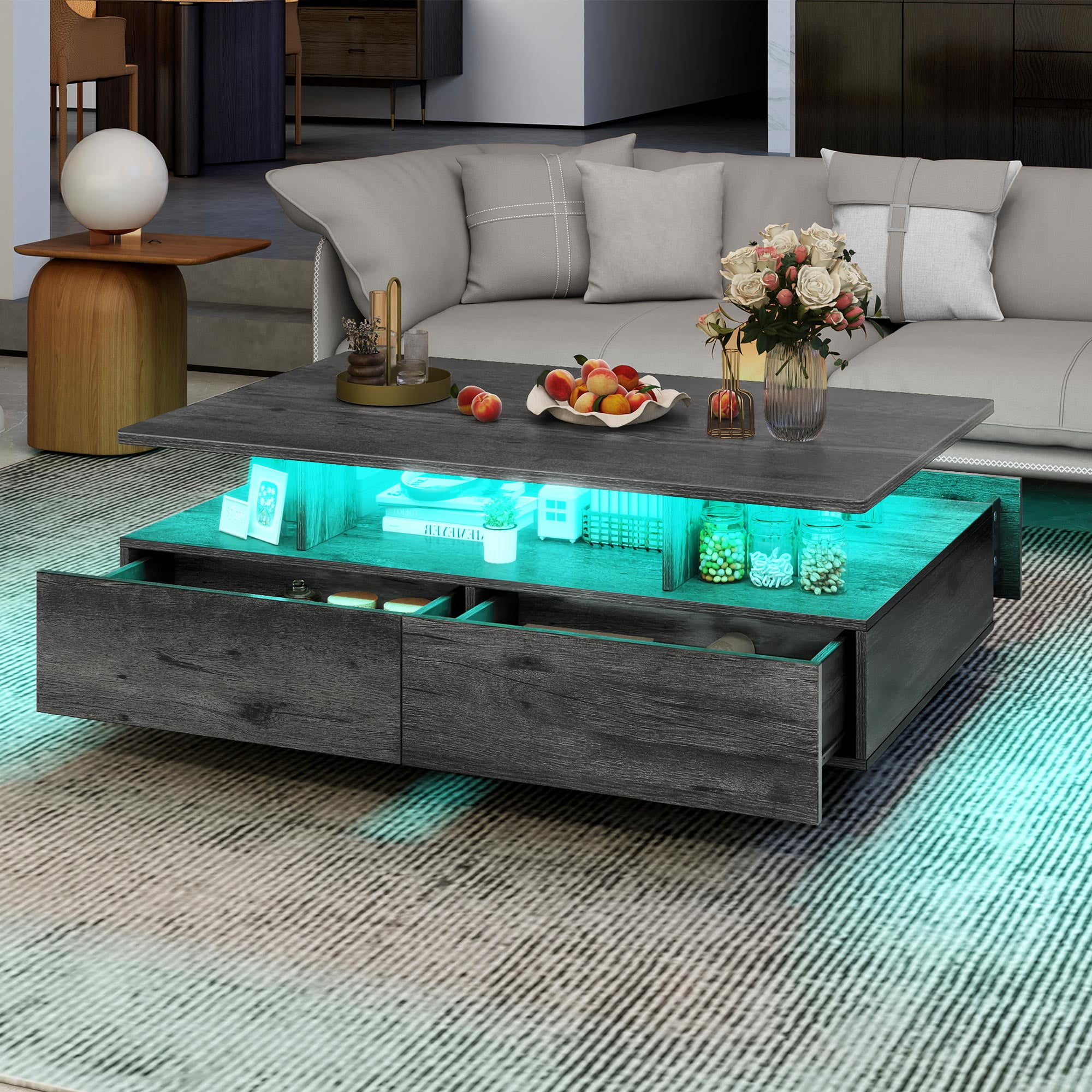 Uforic LED Coffee Table, Modern Center Tables with Storage for Living Room, Gray