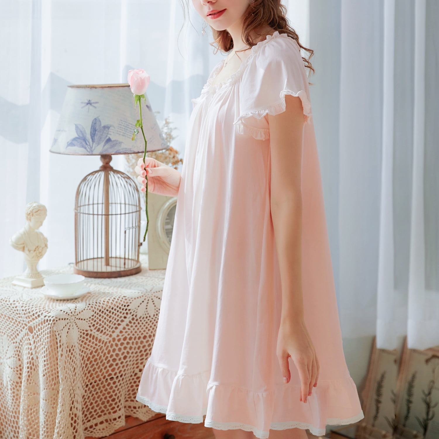 Defitshape Women's Cute Square Neck Pj Soft Short Sleeve Pajama Dress Cotton Victorian Nightgown Summer Frilly Ruffle Old Fashioned Short Sleep Shirt