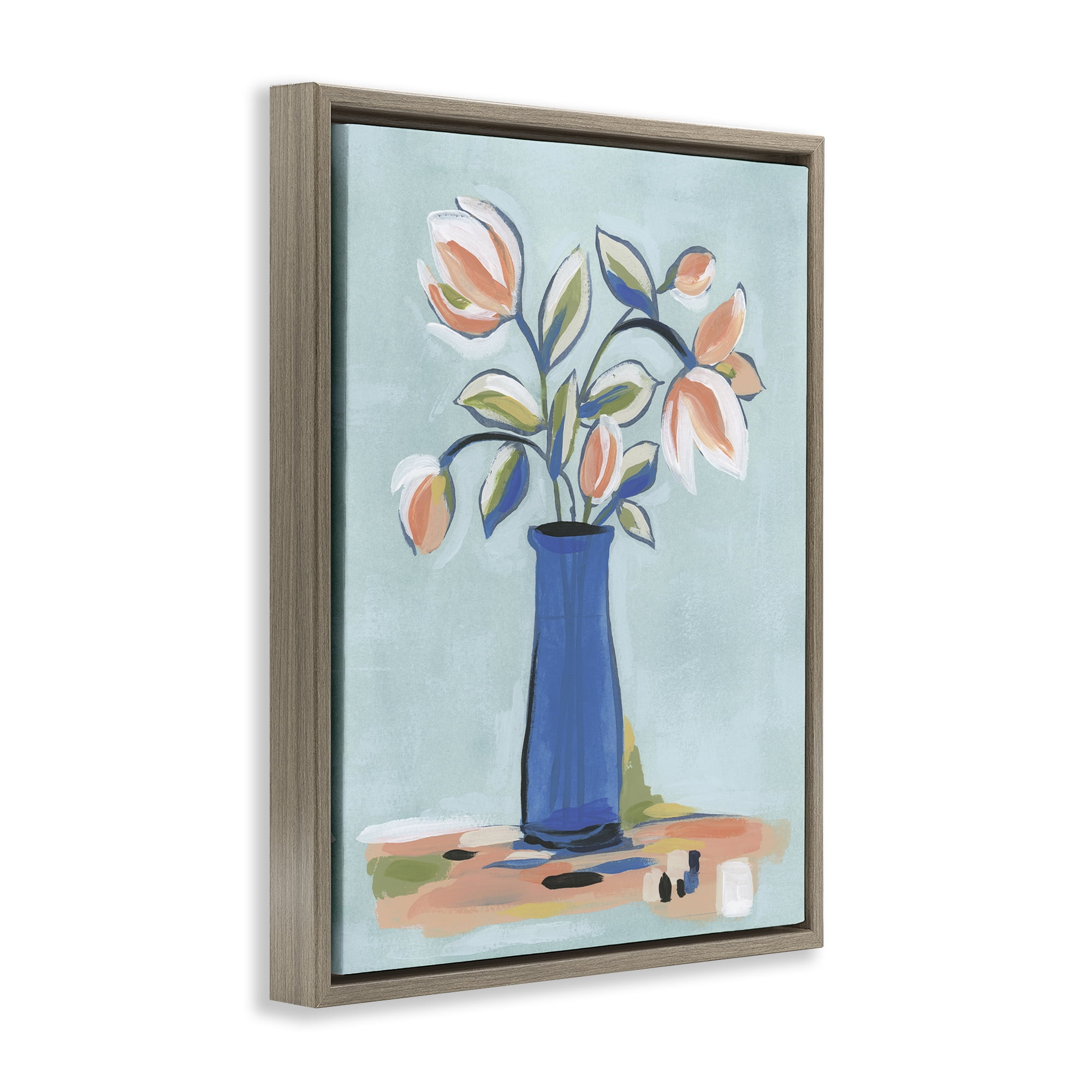 Stupell Industries Pink & Blue Modern Bouquet Plants & Flowers Painting Brown Floater Framed Canvas Art Print Wall Art, 25 x 31