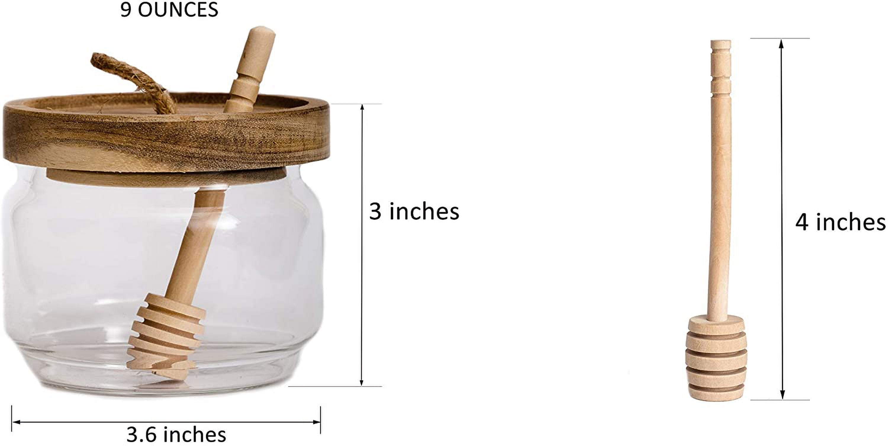 Honey Jar Pot Glass Holder Dispenser Set with Wooden Dipper Stick and Acacia Lid Cover for Home Kitchen, Clear, Modern Syrup Container Storage Gift, Drizzler (9 Oz)