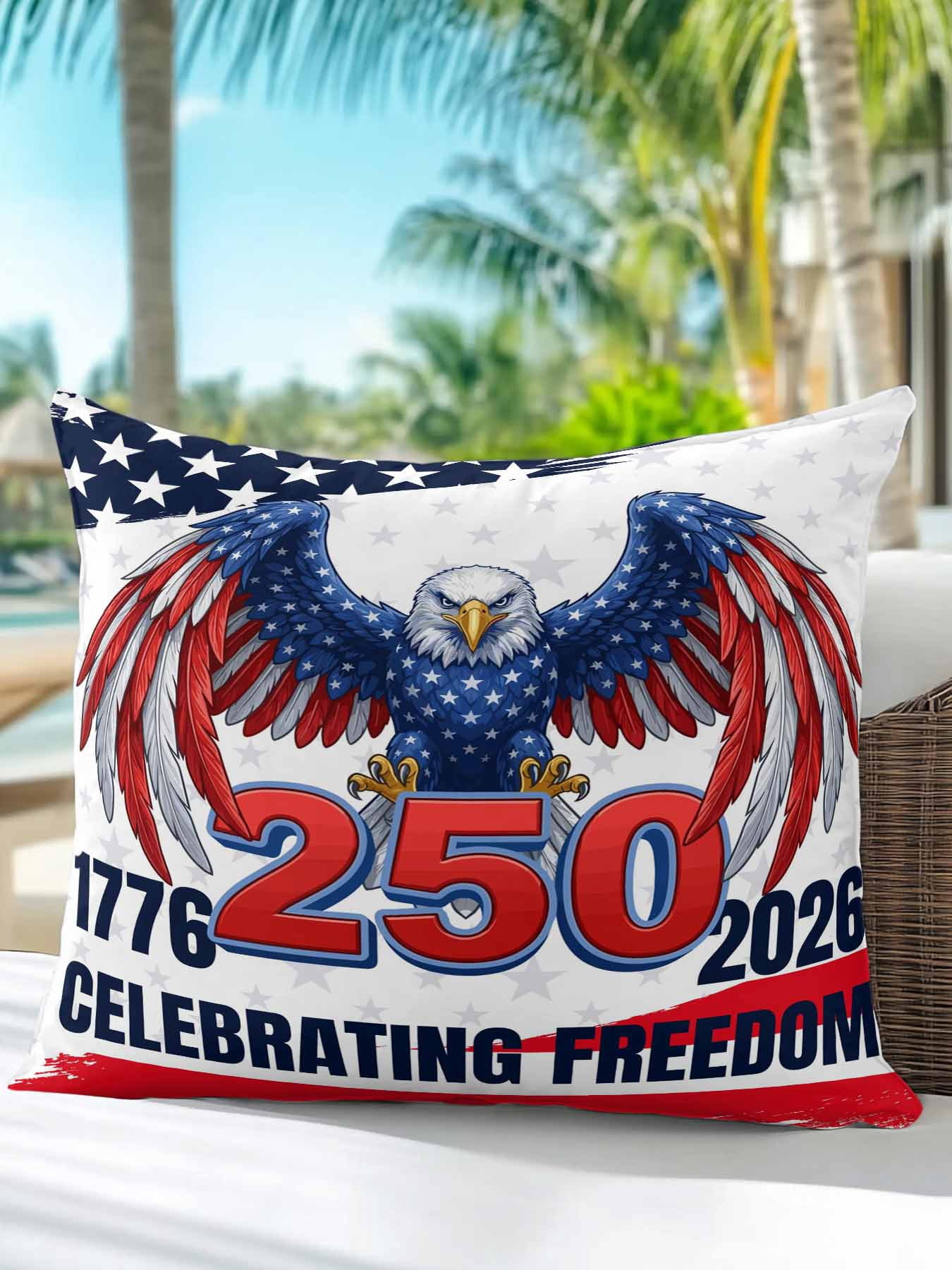 1 Pack Outdoor Throw Pillow, 250 Year American Anniversary Flag Waterproof Pillow with Insert Included, Eagle Red Blue Decorative Accent Cushion Sofa Pillows for Patio Porch, 16 x 16 In
