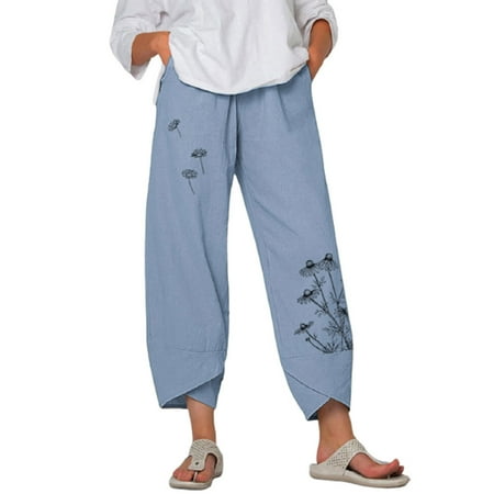 

Womens Cotton Linen Capri Pants Summer Elastic Waisted Casual Pants Wide Leg Loose Fit Comfy Pajama Beach Trousers EKOUSN