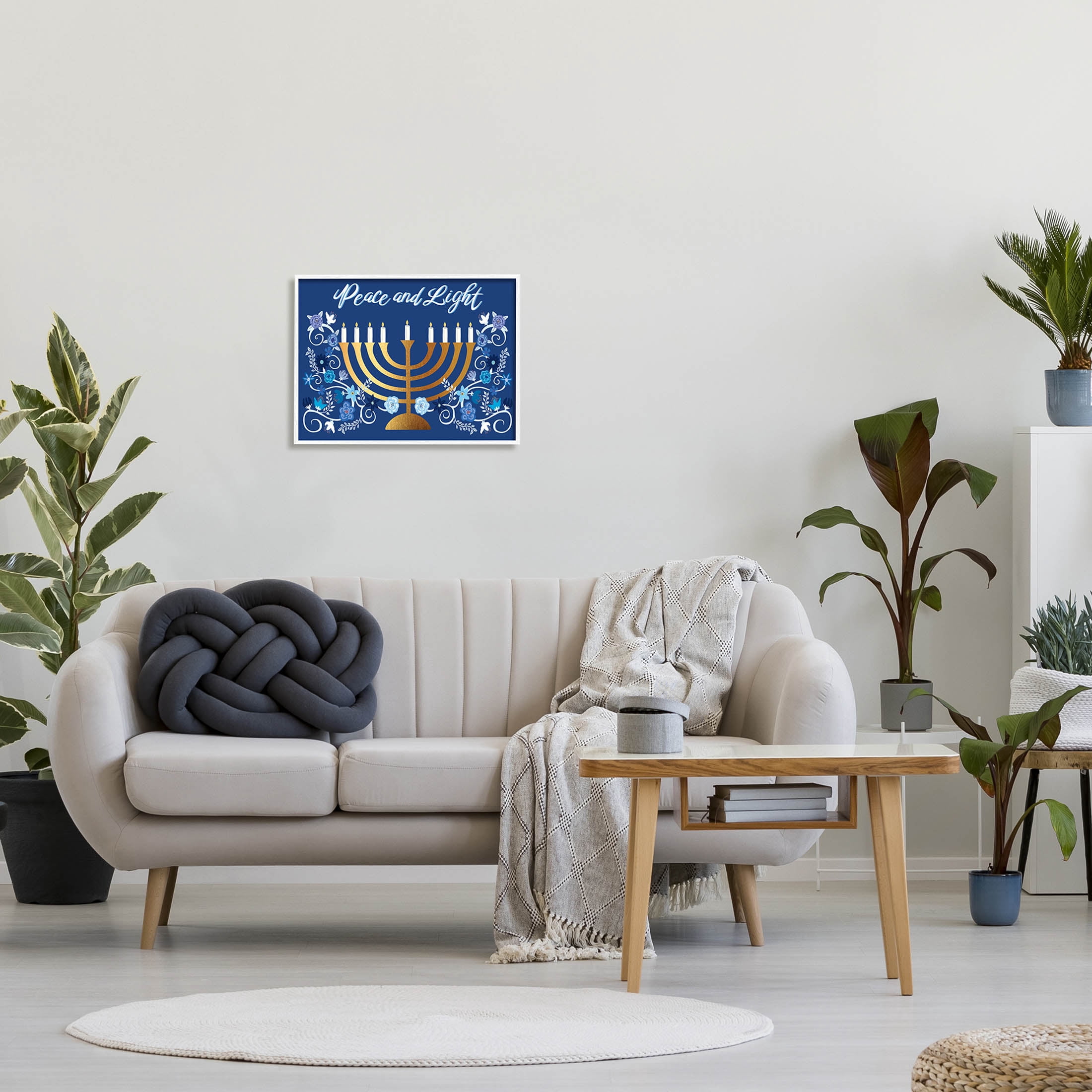 Peace & Light Floral Hanukkah Menorah Holiday Graphic Art White Framed Art Print Wall Art