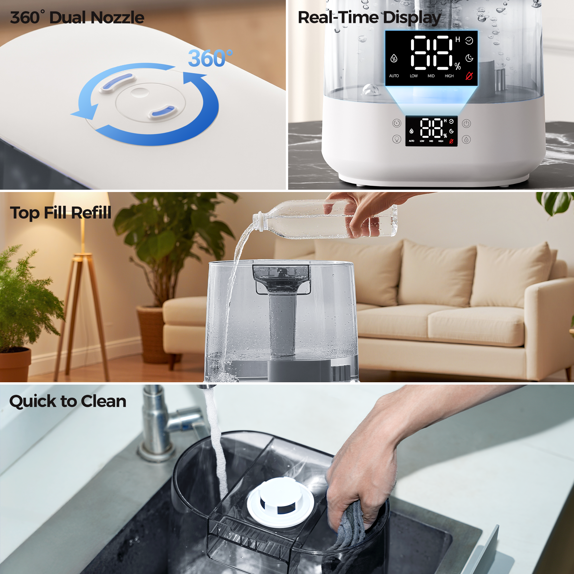 6L Humidifiers for Bedroom Baby Room, Cool Mist Ultrasonic Humidifier with Humidity Sensor, Top Fill 60H & 28dB Quiet Runtime, 8+1 Color Night Lights, 360° Dual Nozzle--Gray
