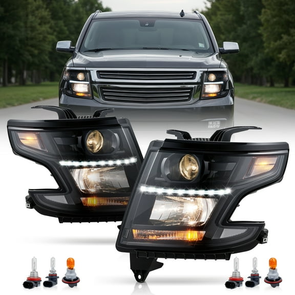 Bestco Headlights for 2015-2020 Chevy Tahoe Suburban LED DRL L R Pair Replacement Projector Black
