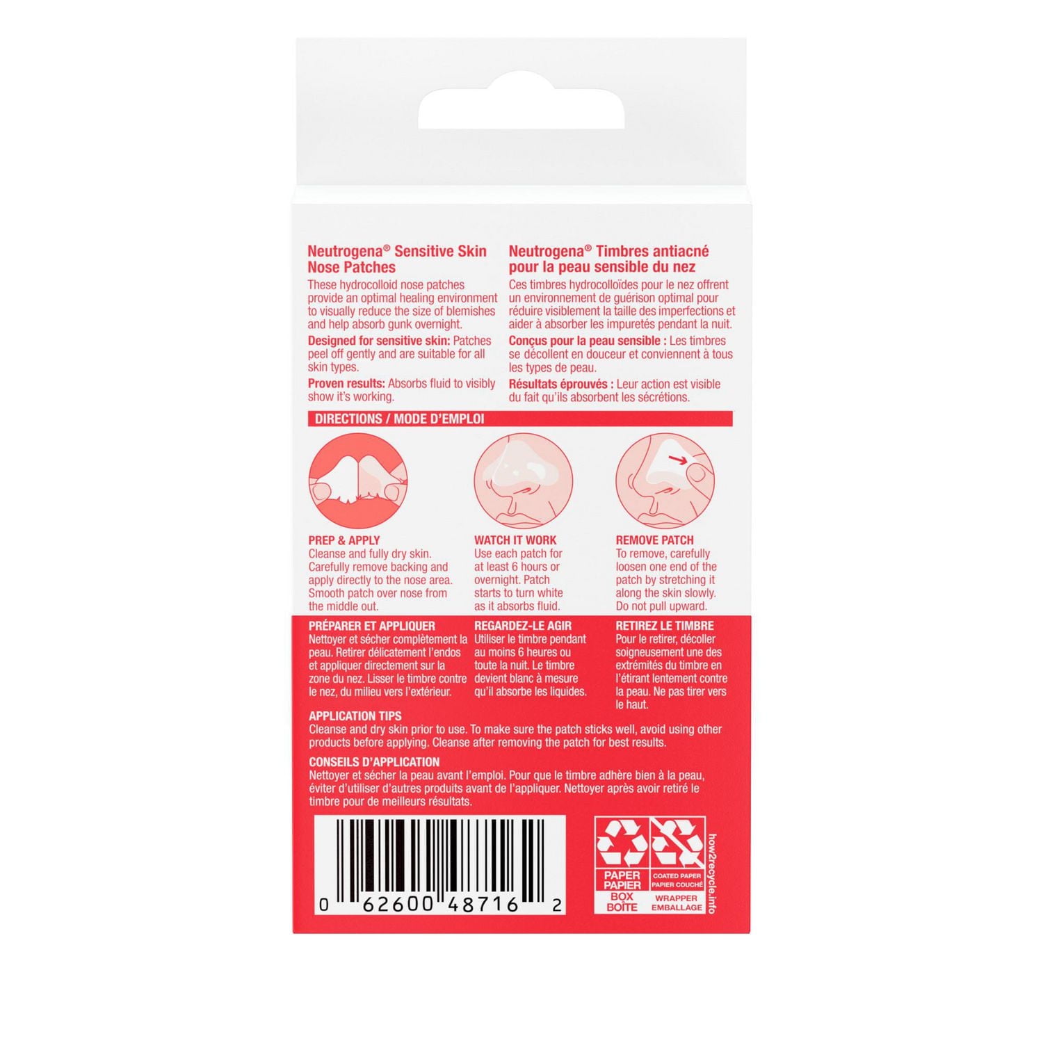 Timbres nasaux Neutrogena pour peau sensible, soins de la peau hydrocolloïdes, réduit la taille des imperfections et absorbe les impuretés 10 unités