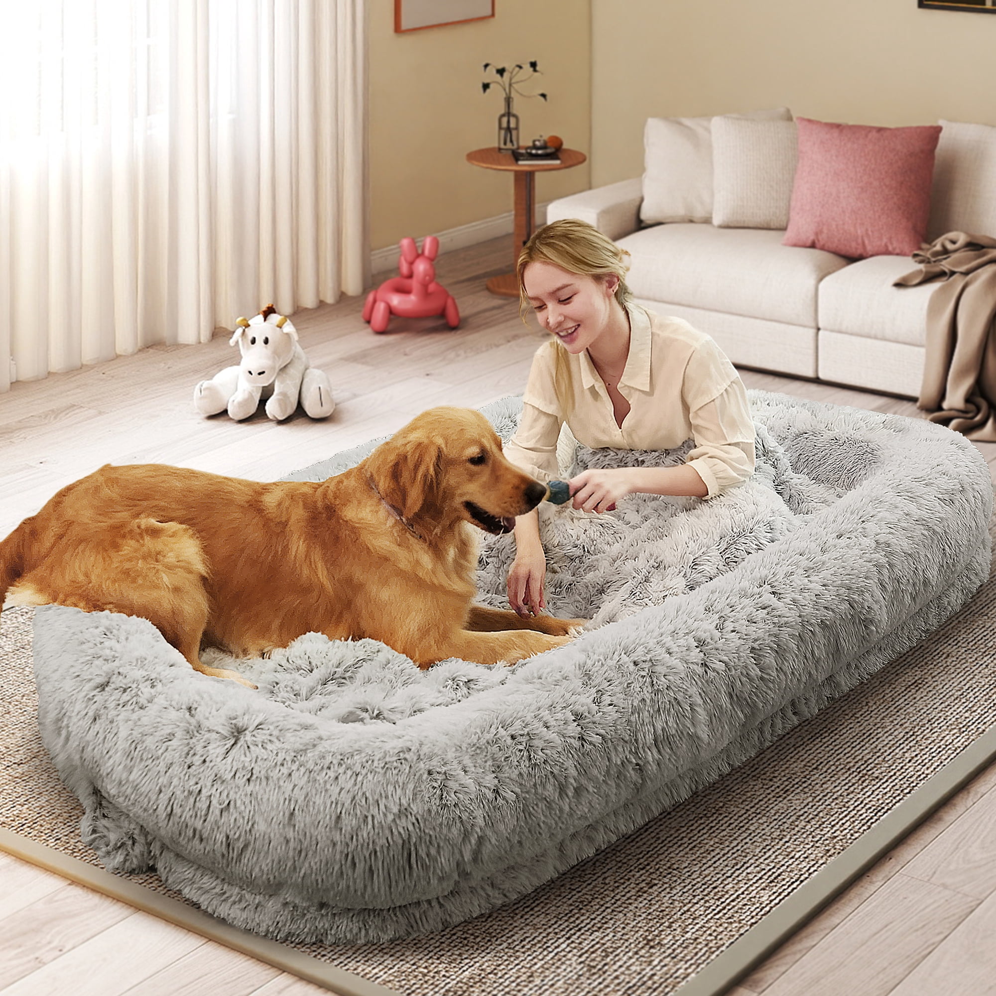 Skandiquip Large Human Dog Bed for Pets and Adults, 75"x43"x10", Plush Washable Cover With Blanket, Non-Slip Base, Orthopedic Memory Foam Support, Light Grey