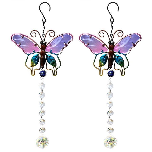 Paquete de 2 adornos de bola de cristal atrapasueños de cristal de mariposa para ventana, hogar, jardín al aire libre
