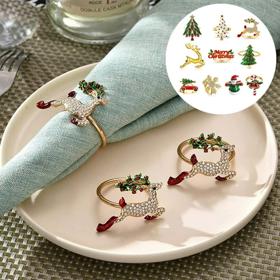 Uehgn 6Pcs Enamel Christmas Napkin Rings Elegant Xmas Tree Reindeer Snowflake Napkin Holders Christmas Wedding Party Table Decor