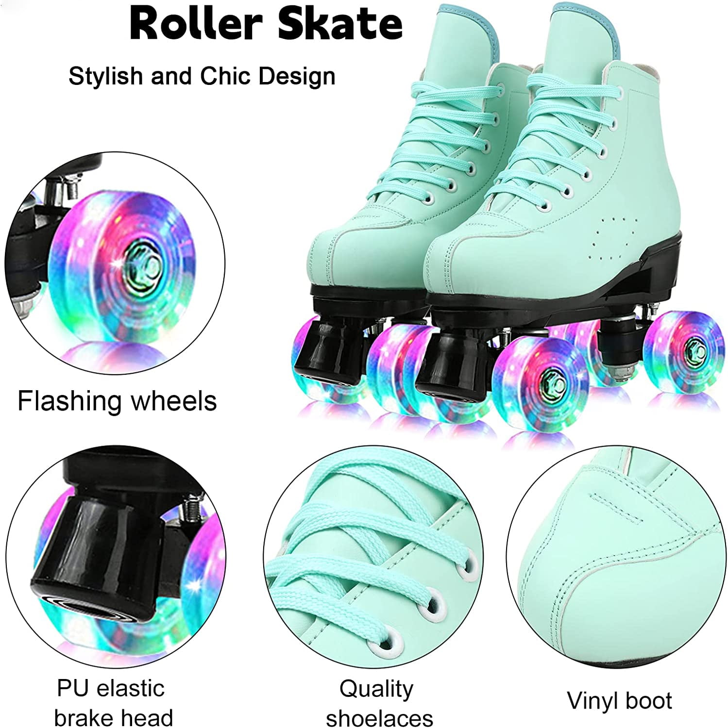 EONROACOO Kids Adult Roller Skates for Women Men, Light up Roller Sktes, Green(Women 8/Men 6.5)