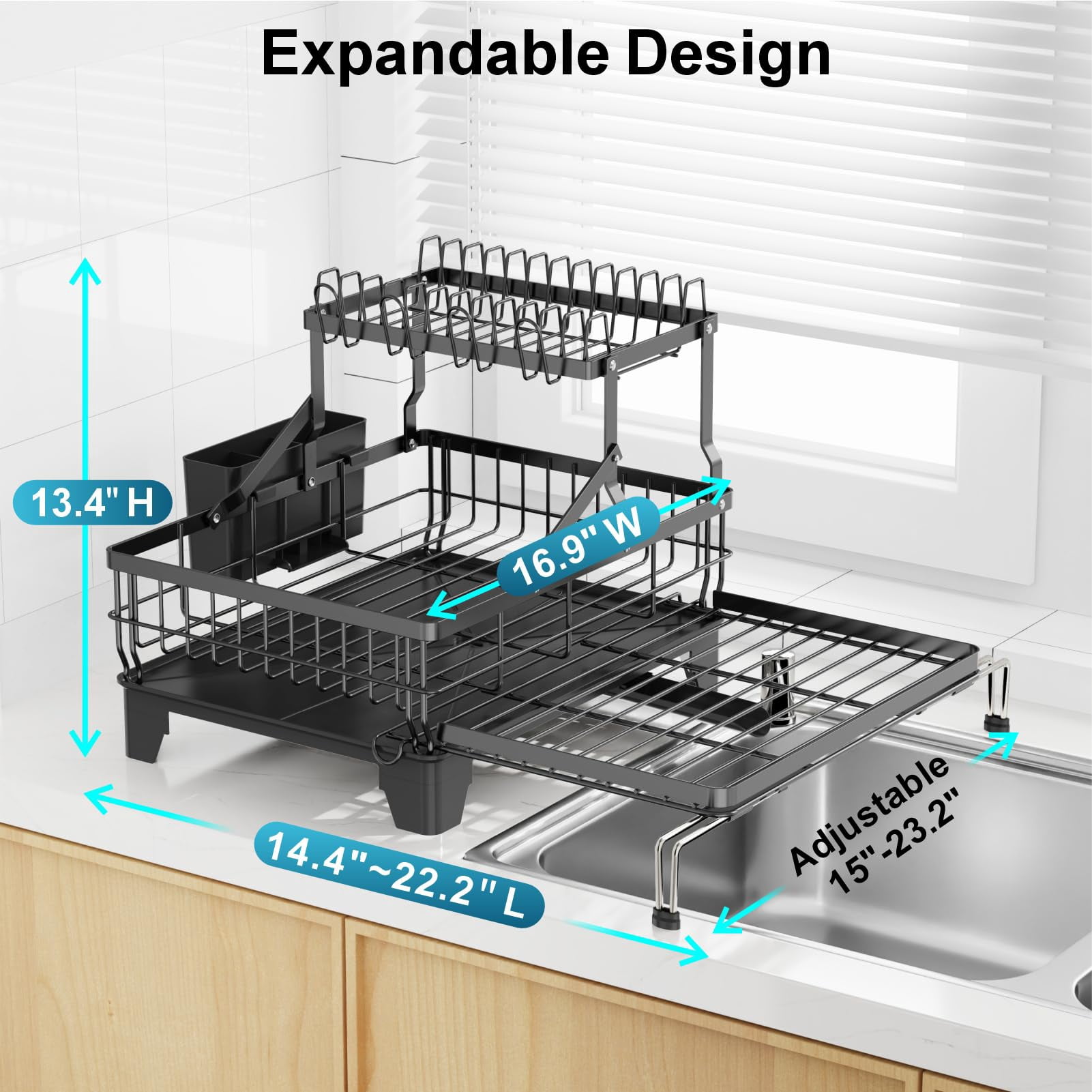 Large 2 Tier Dish Drying Rack  Expandable Heavy-duty For Kitchen Counter Rust-resistant Drainer With Utensil & Cup Holder Auto-drain 16.9" W X 14.4"-22.4" L Black