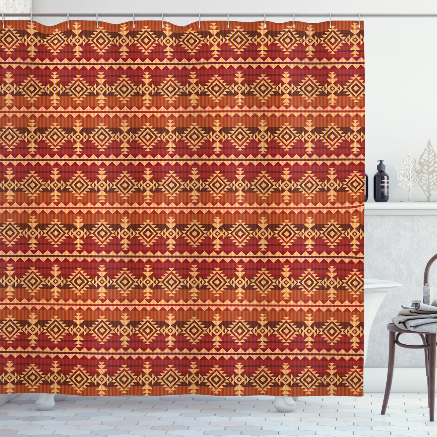 Mexican Shower Curtain, Ancient Aztec Culture Theme Classical Triangles