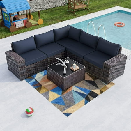 Gotland Outdoor Patio Furniture Set 6 Pieces Sectional Rattan Wicker Sofa Set Patio Conversation Set Navy Blue