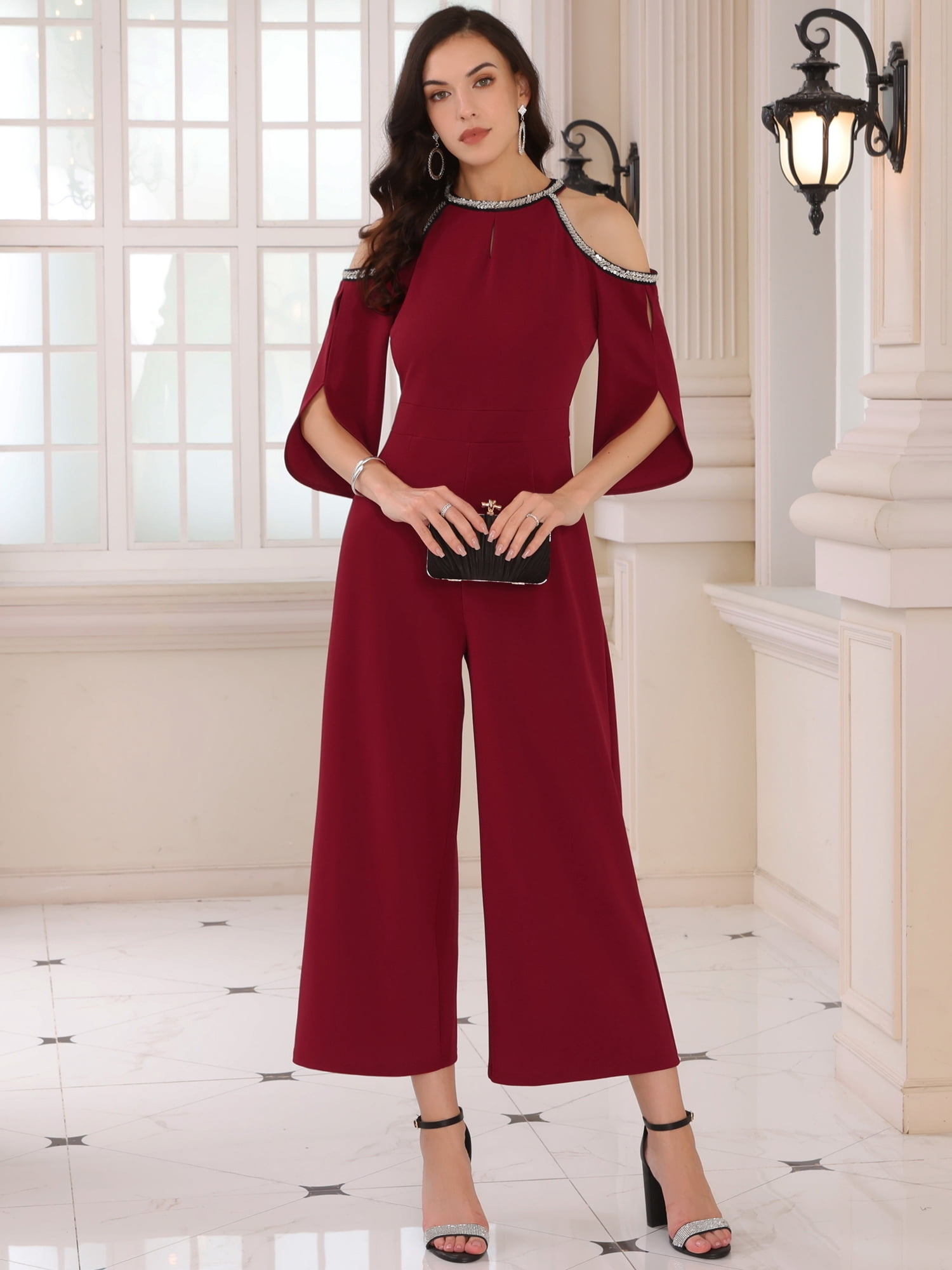 DARING DIVA Women's Dressy Jumpsuit Split Sleeve Wide Legs Cocktai L Wine Red