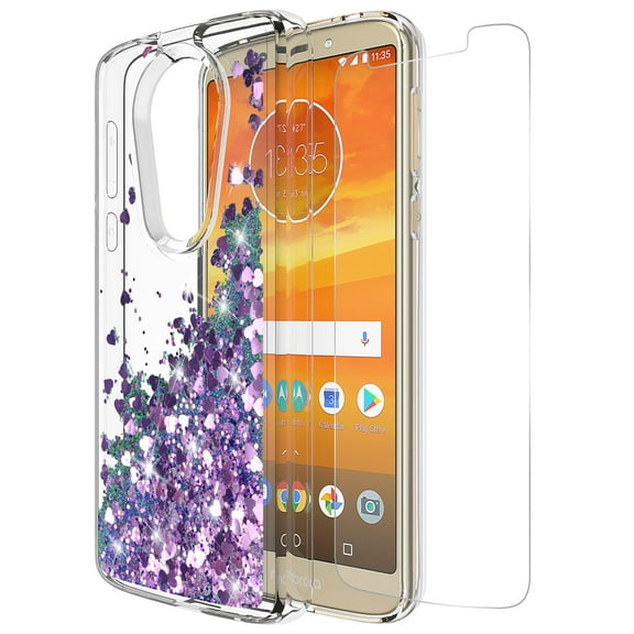 Moto G6 Play Case, Moto G6 Forge Case With Tempered Glass Screen Protector, KAESAR Quicksand Glitter Sparkly Bling Liquid TPU Bumper Protective Cover for Moto G6 Play / Forge (Purple)