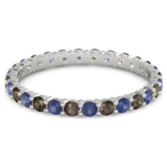 Blue Sapphire With Smoky Quartz Round 2.50 MM Eternity 925 Sterling Silver Women Stackable Ring Size US- 8.5