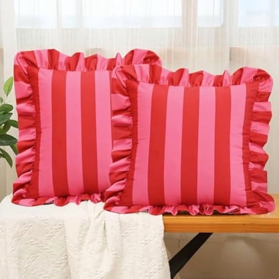 1997 Ruffle Square Throw Pillow Covers Boho Pink and Red Striped Decorative Pillowcases Set of 2, Soft Velvet Accent Cushion Cover Cases for Sofa Bed Living Room Decor (Pink,18"x18")