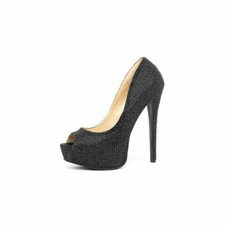 Nina Satin Pumps - Leg Black Glamour 5 1/2 Satin Rhinestone Peep Toe Pump 5035LEG_B Black