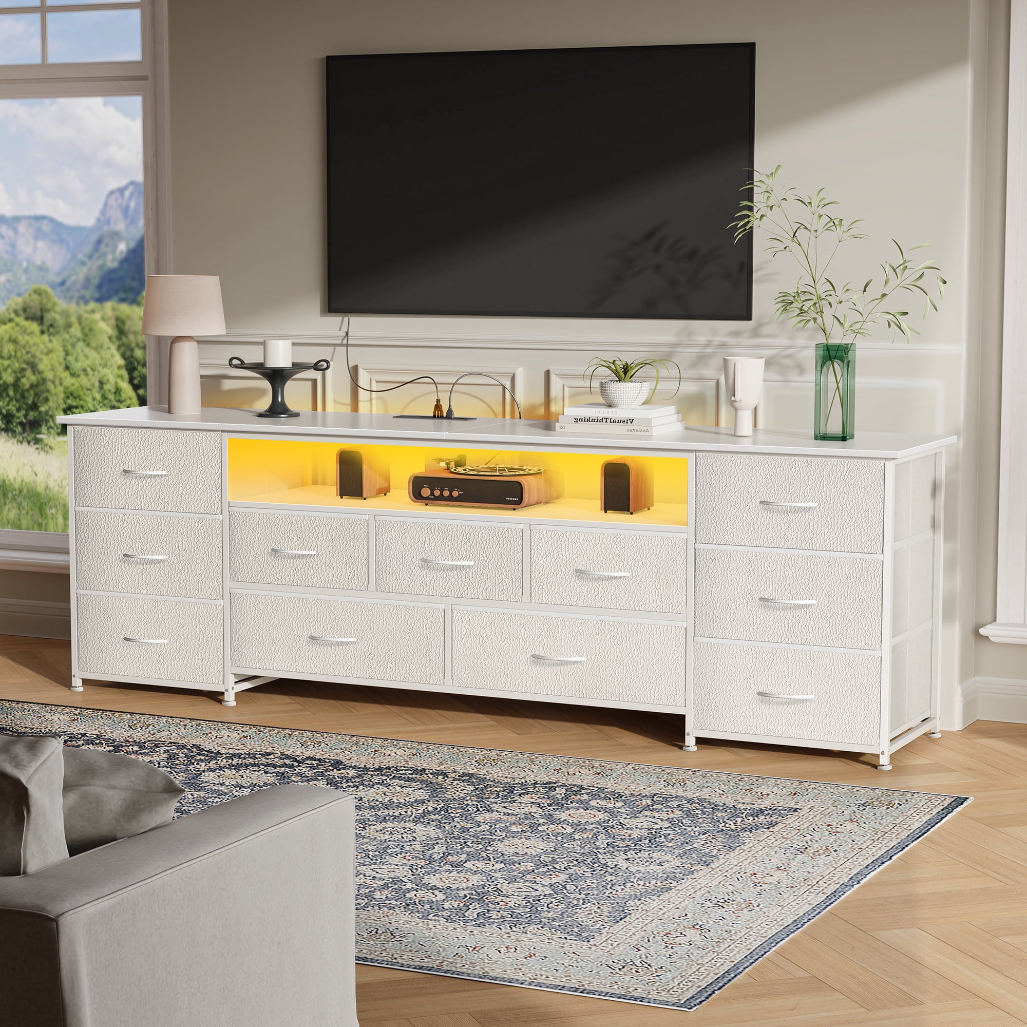 Amadwell Large TV Stand for 65, 70 Inch TVs, 11 Drawer Long Dresser with Power Outlets & LED Lights, 63 inch Entertainment Center