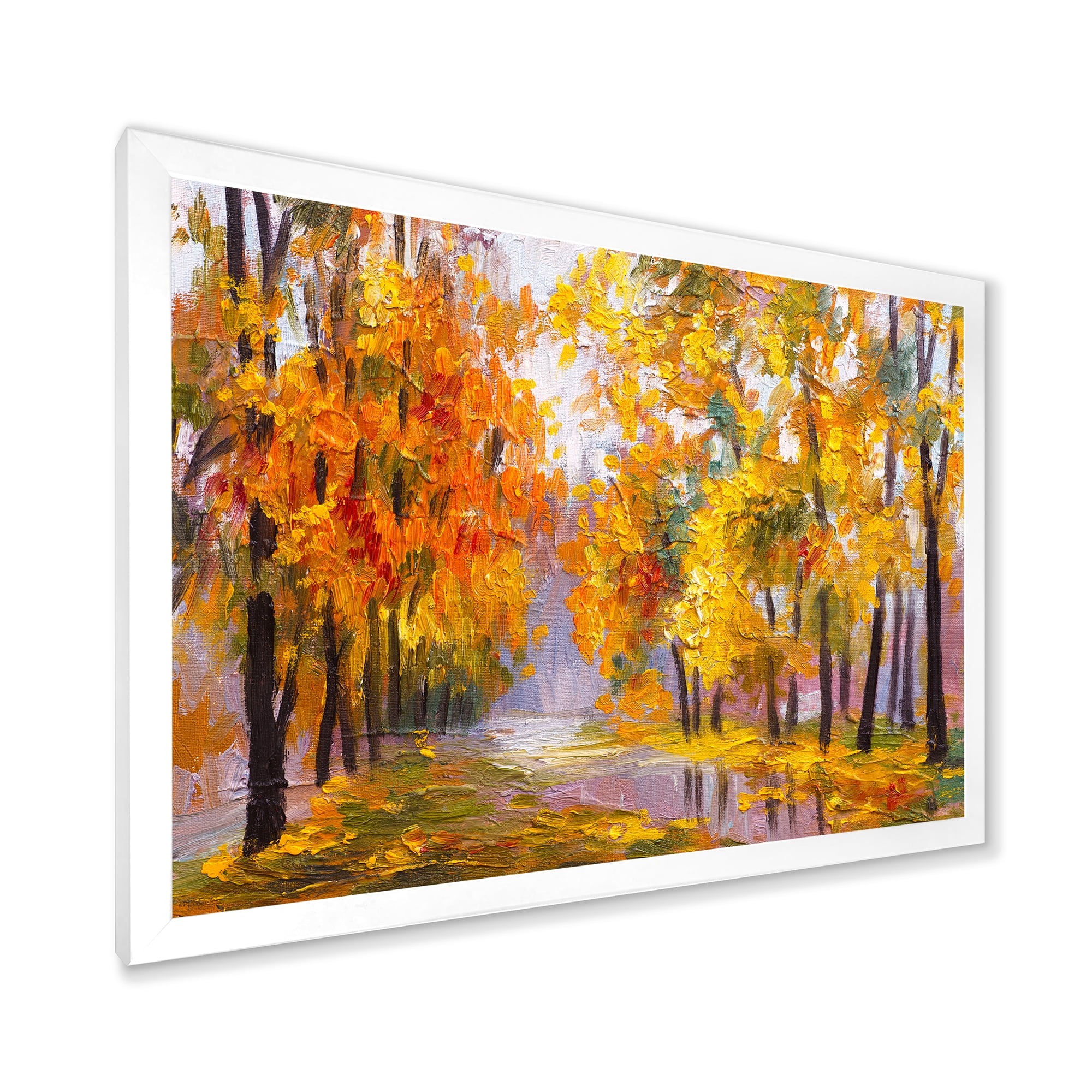 Designart 'Forest Full Of Fallen Leaves In Autumn Along River' Lake House Framed Art Print