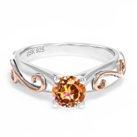 Gem Stone King 1.00 Ct 6MM Round Ecstasy Mystic Topaz 925 Sterling Silver 2 Tone Vine Ring (Size 6)