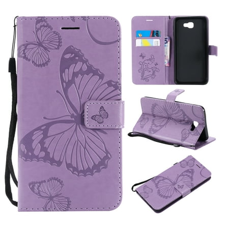 Galaxy J7 Perx Case,Galaxy J7 Prime / J7 V/ J7 Sky Pro/Halo Case - Allytech Wallet PU Leather Embossed Butterfly Protecive Case Flip Cover with Hand Strap for Samsung Galaxy J7 V 2017, Purple