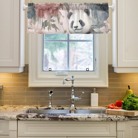 Pandas Flowers Floral Leaves Bear Curtain Valances Farmhouse Design Window Treatment Decor Blackout Rod Pocket for Windows Living Room Kitchen 54" x 18"