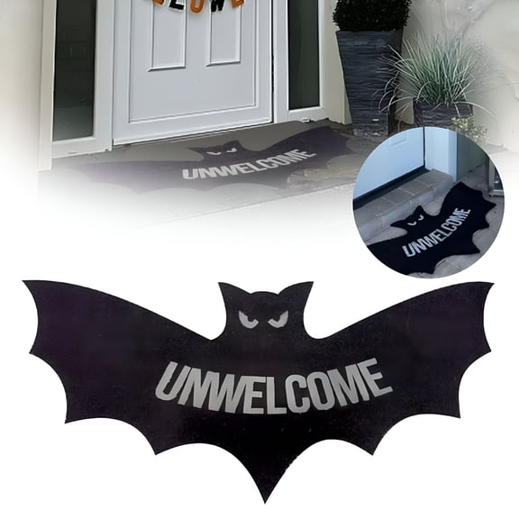 RLESO Spooky Bat Silhouette Doormat: 'Unwelcome' Halloween Coir Mat for Gothic Porch Decor (18x30")