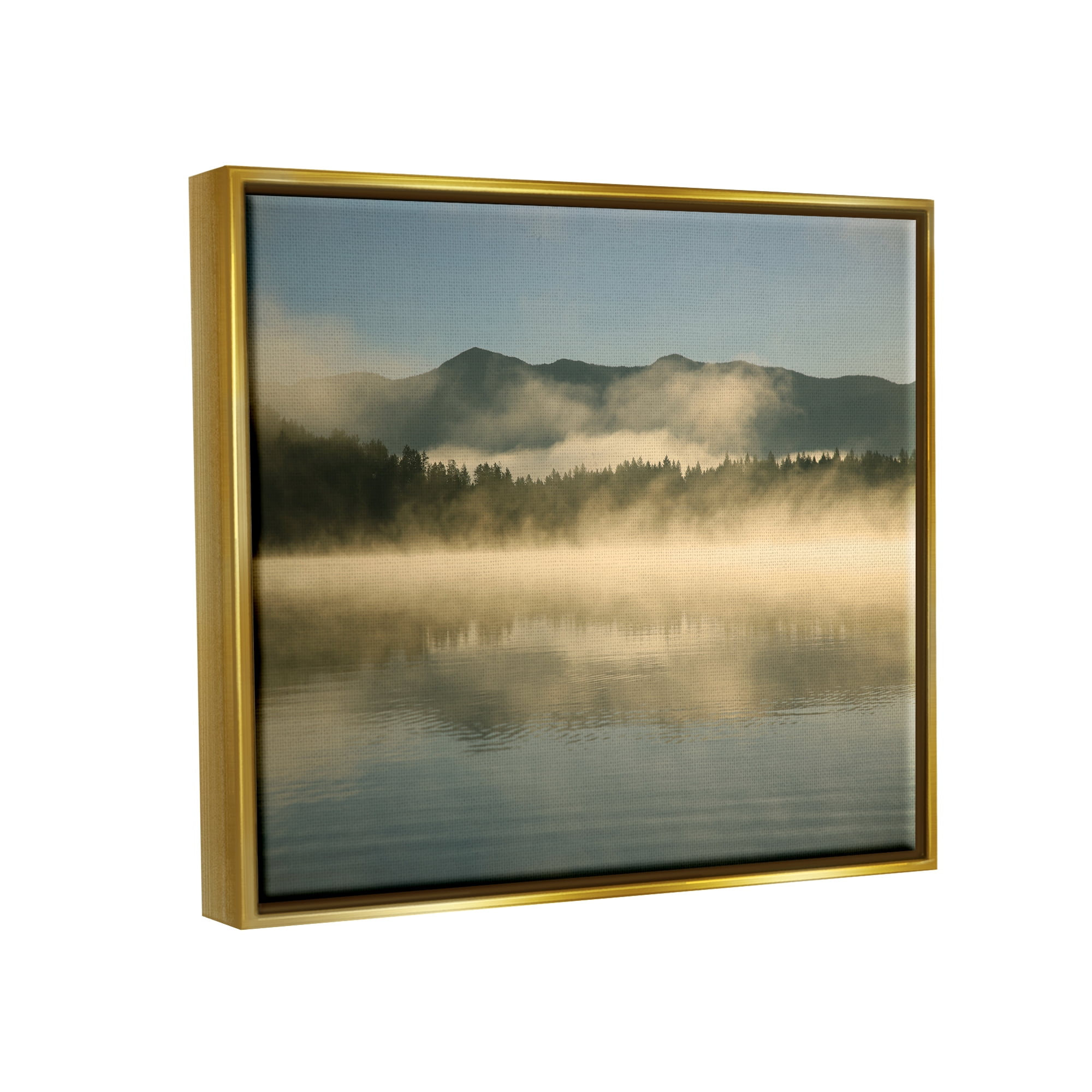 Stupell Industries Misty Lake Mountain Range Scenery Coastal Photography Gold Floater Framed Art Print Wall Art