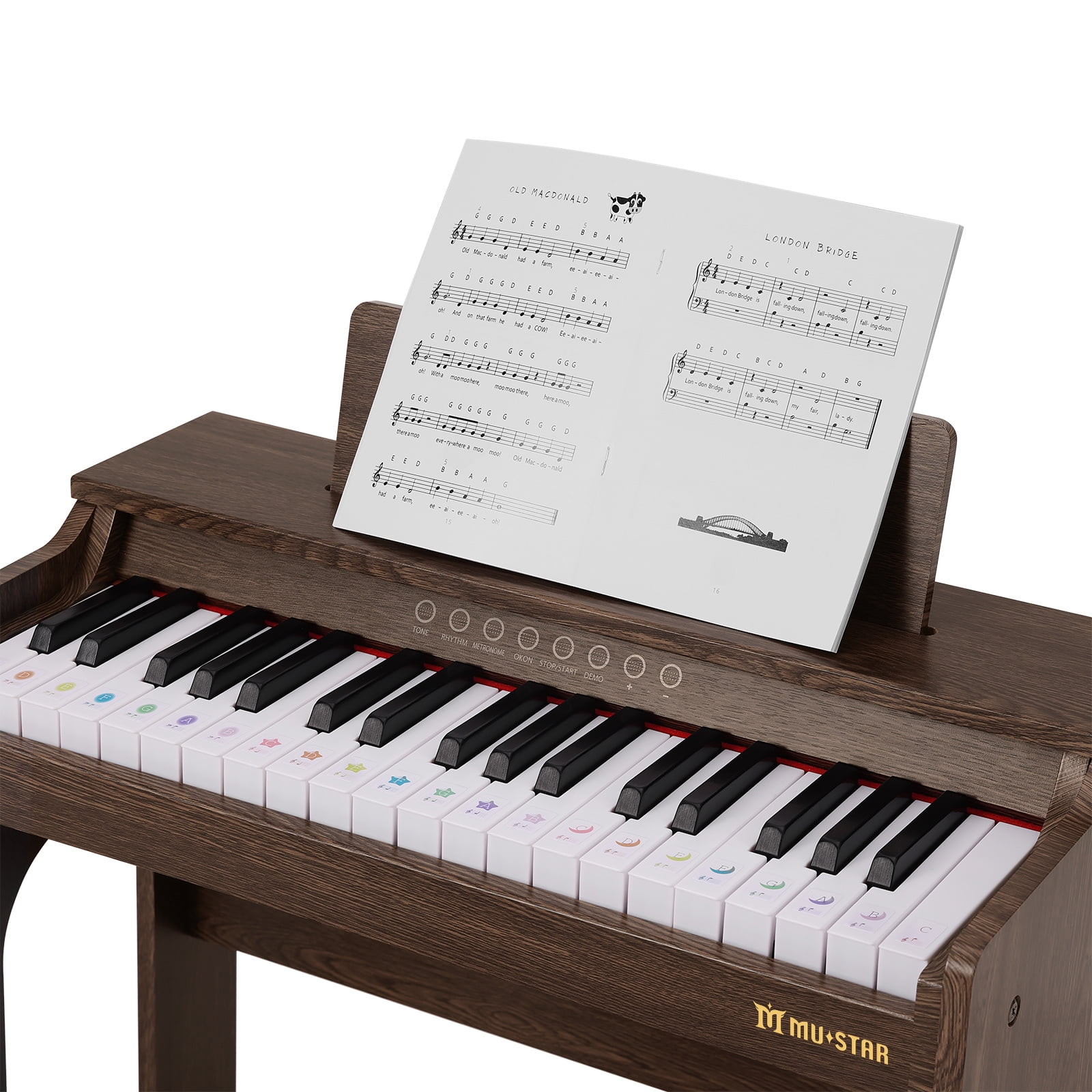 Mustar 37 Keys Kids Wooden Electronic Digital Piano Keyboard with Stool, Songbook, DIY Stickers (Brown)