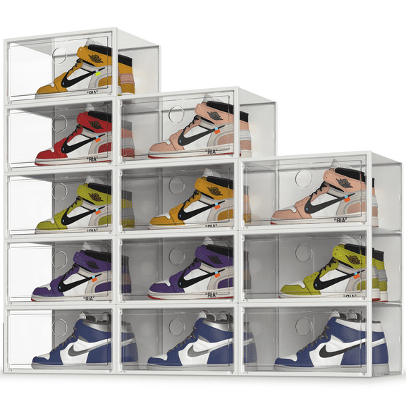 SEE SPRING 12 Pack Shoe Storage Box Clear Plastic Stackable Shoe Organizers for Closet Space Saving Foldabl for Entryway,White,size 13