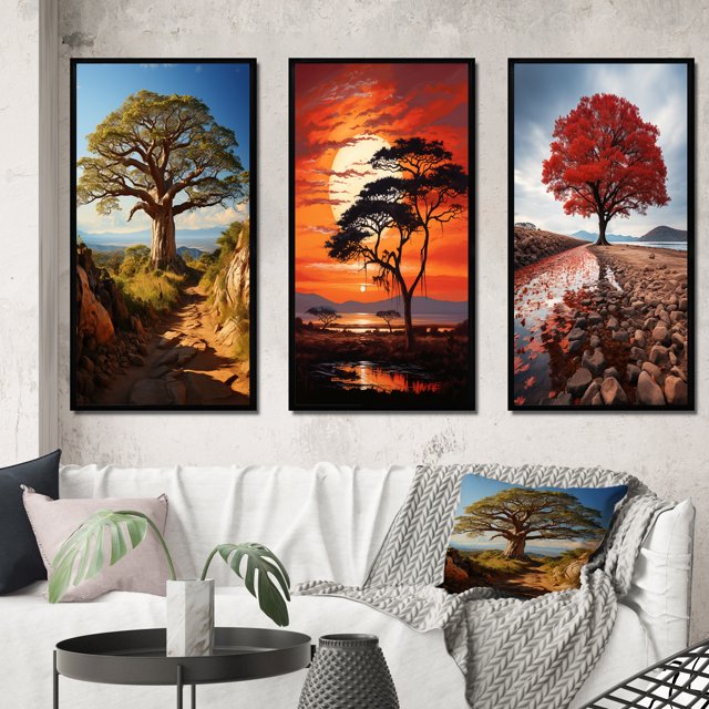 Designart "Baobab Tree Charm II" Floral & Botanical Framed Wall Art Set Of 3 - Green Tree Baobab Frame Gallery Set For Office Decor