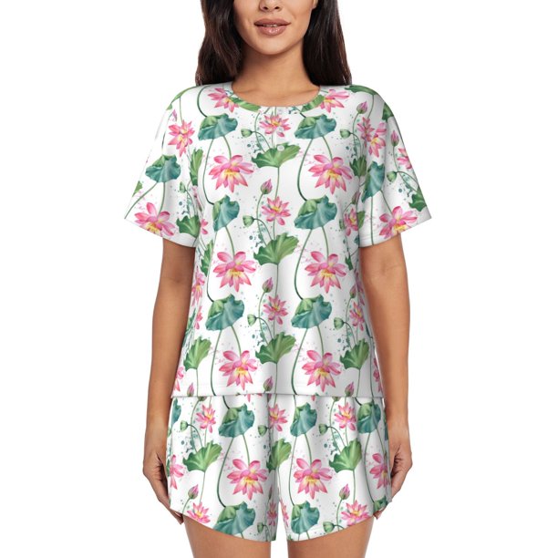 Fotbe Lotus Flower Conjunto de Pijama Estampado para Mujer, 2 Piezas, Ropa de Dormir con Camiseta de Manga Corta y Shorts Suaves-Large