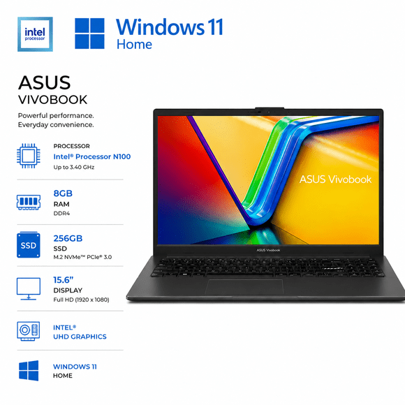ASUS 15.6" FHD Laptop | Intel N100 / 8GB RAM / 256GB SSD / Intel UHD Graphics / Windows 11 Home / Bilingual Keyboard(RENEWED)