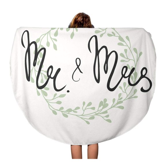 SIDONKU 60 inch Round Beach Towel Blanket Green Floral for Wedding Mr and Lettering Delicate Wreath Travel Circle Circular Towels Mat Tapestry Beach Throw