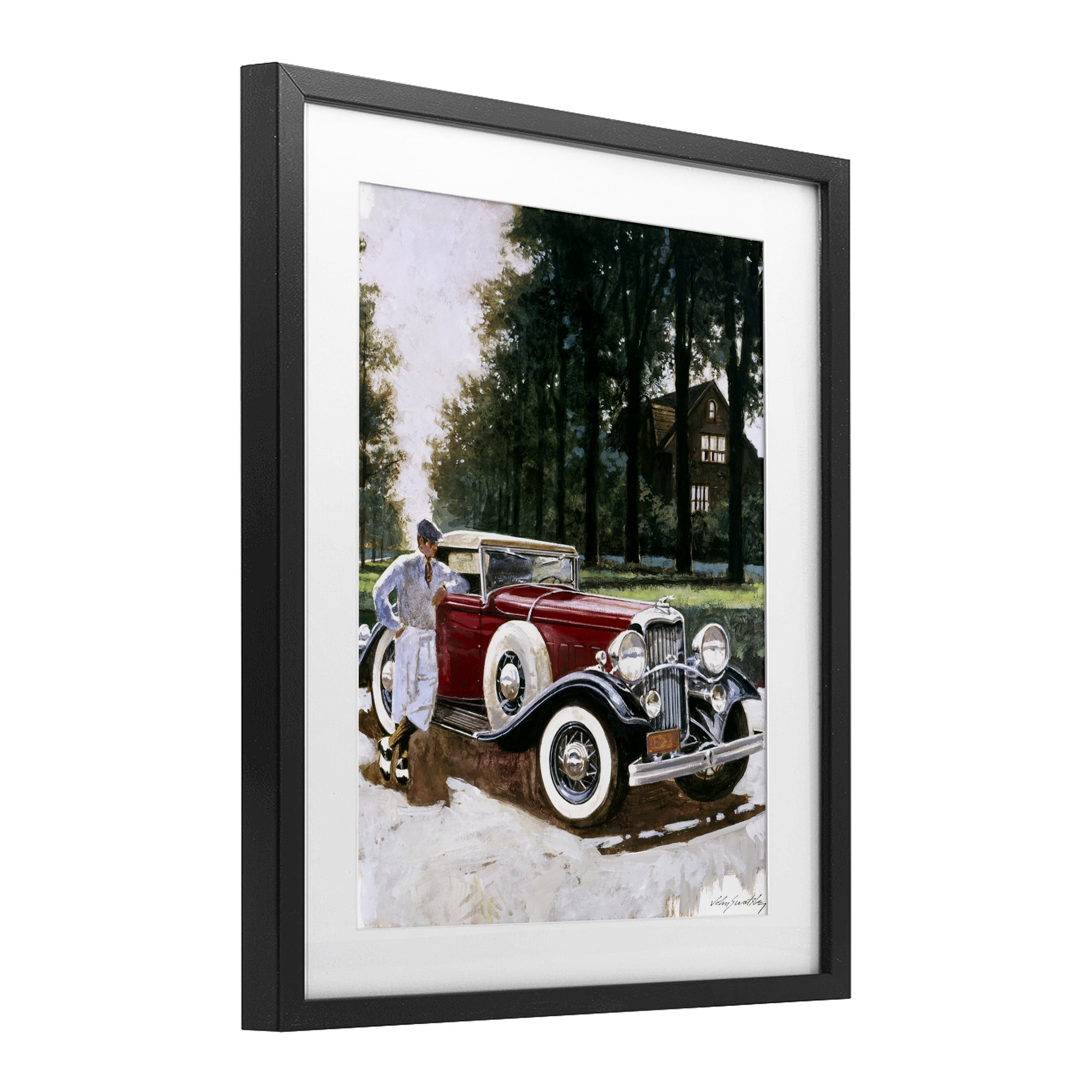 Retro Convertible Coupe & Driver Black Framed Print Under Glass, design by Wind River Studios